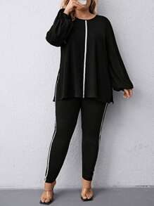 SHEIN LUNE 2pcs Plus Size Knit Patchwork Color Block Loose T-Shirt & Pants Set