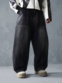 SUMWON Premium Wide Leg Cowboy Skater Jeans, Y2K Baggy Relaxed Fit Streetwear Urban Fashion Denim Pants, Classic Casual Fall Winter Bottoms - Black - View 4