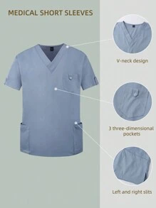 Manfinity Homme Men's Solid Color V-Neck Short Sleeve Pocket Medical Uniform - Baby Blue - View 7