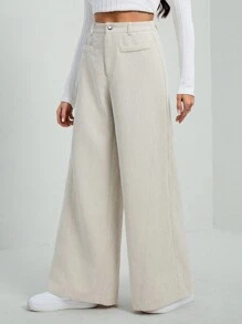 SHEIN Tall Quần nhung kẻ sọc đơn giản cổ điển màu trơn cho nữ, quần kaki cho nữ, quần ống rộng cho nữ - Màu Khaki - Xem 9