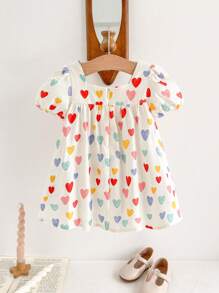 Cozy Pixies 女婴可爱心形图案方领泡泡袖收腰迷你连衣裙，情人节礼物，情人节服装 - 彩色 - 查看 2