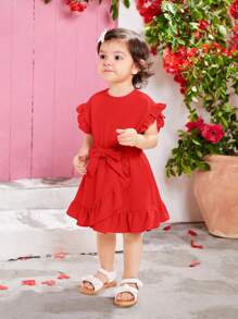 SHEIN 女婴简约纯色休闲落肩荷叶边不对称下摆系带夏季连衣裙