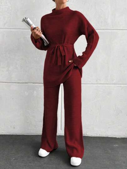 2pcs Set: Mock Neck Belted Pullover Top And Pants, Solid Color