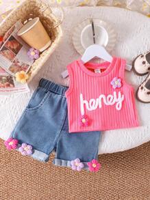 Baby Girl 2024 Summer New Nude Pink Flower Sleeveless Tank Top + Denim Flower Shorts - Pink - View 1