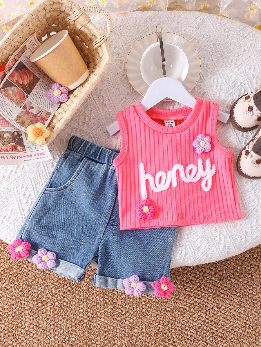 Baby Girl 2024 Summer New Nude Pink Flower Sleeveless Tank Top + Denim Flower Shorts - Pink - View 1