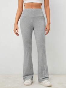SHEIN Tall Women's Solid Color Wide Waist Flare Casual Versatile Pants - Grey - View 8