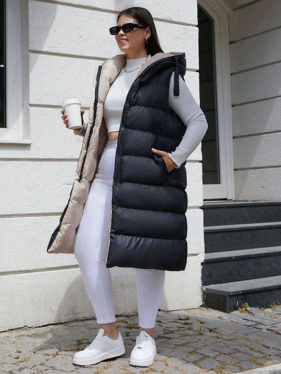 EURMUSE Plus Size Zip Up Drawstring Hooded Puffer Vest Coat, For Winter - Black - View 1