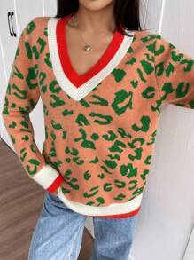 Chiquease Blusa casual de punto de unicolor con cuello en V y manga larga, suéter de otoño e invierno - Naranja - Ver 6