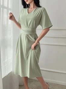 DAZY Solid Color V-Neck Shoulder Tie Waist Mid-Calf Dress For Women Elegant Sundress Easter - Green - View 7