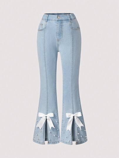 Girls Casual Washed Soft Denim Flare Pants Jeans With Bowknot Pearl Decor, Elastic, Suitable For Spring & Autumn