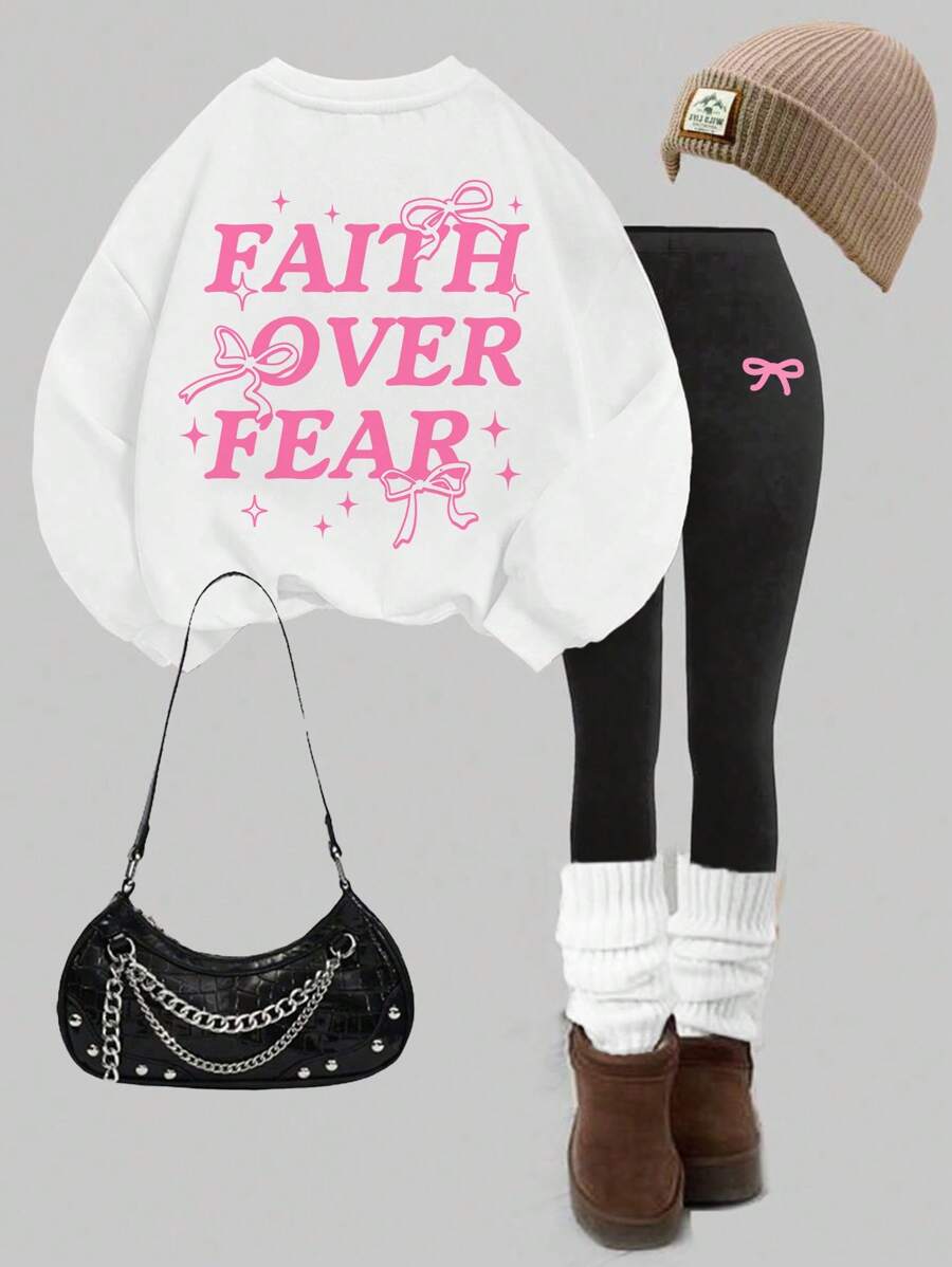 SHEIN EZwear 大码女式两件套服装 - 蝴蝶结和字母印花休闲长袖厚运动衫和裤子，适合秋冬季 - 彩色 - 查看 1