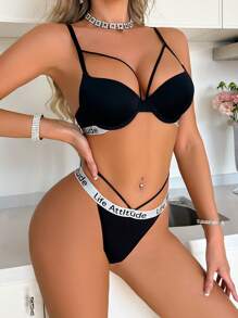 EasyFave Women's Letter Jacquard Hollow-Out Lingerie Set