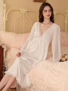 Lace Trim Bow Decor Women's Nightgown Babydoll Holiday Season - White - View 4