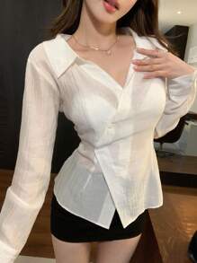 DAZY Women Asymmetric Design Solid Color Casual Chic Shirt, For Daily Wear,Fall Women Clothes Long Sleeve Top