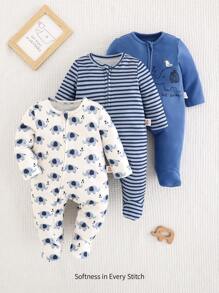 Cozy Pixies Set de 3 piezas para recién nacida: Body de punto de manga larga, cuello redondo, con estampado de oso de dibujos animados y pantalones