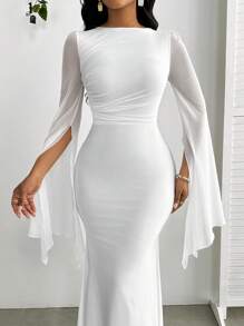 SHEIN Lady Women's Solid Color Mesh Splicing Long-Sleeved Slim Dress Bodycon Fishtail Hem Elegant Dress - White - View 7