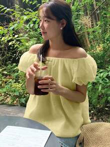 DAZY Blouse à manches bouffantes col carré de couleur unie pour femmes, jaune, top babydoll printemps/été - Jaune citron - Voir 8