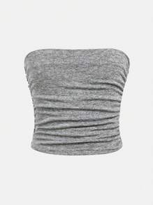 SHEIN 2pcs/Set Tween Girls Minimalist Comfortable Ruched Bandeau Top & Camisole Set - Light Grey - View 7