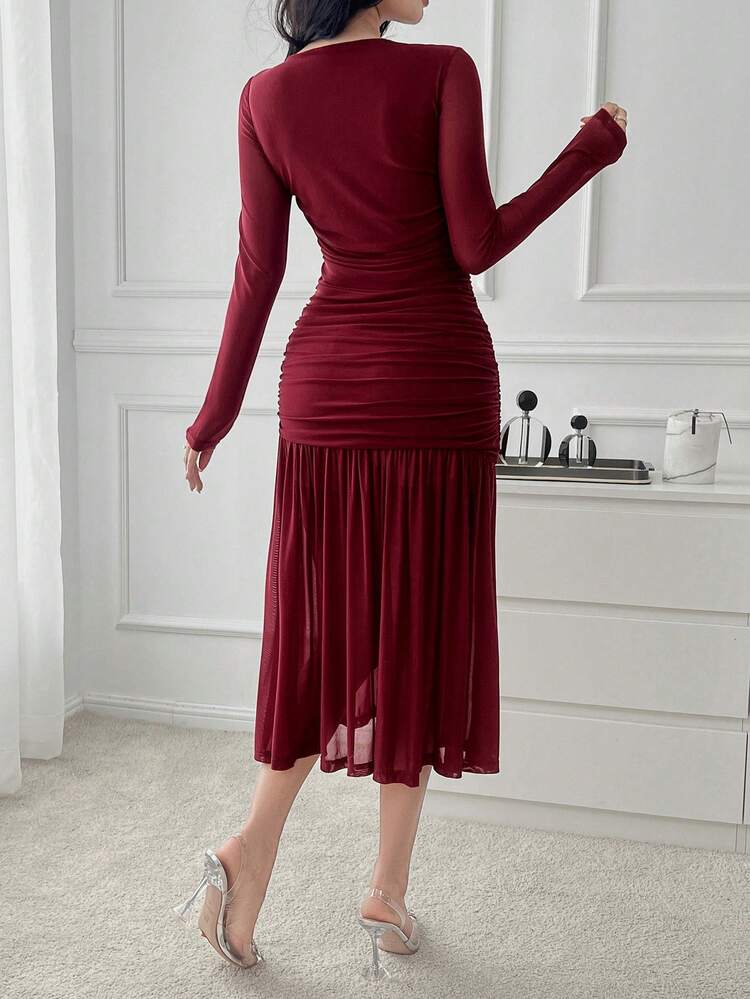 Encore Burgundy Solid Color Pleated Mid-Length Dress, Elegant For Wedding Guest Outfit, Spring Elegant,Ruffle,Dress For Wedding,Back To School Clothes,Fall Dress Long Sleeve Dress Red Women Dresses Christmas Maxi Dress