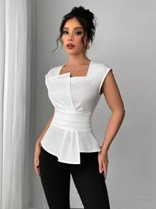 Elenzga Blusa asimétrica sin mangas casual/para el trabajo, de cintura elegante y ajustada, para primavera/verano - Blanco - Ver 3