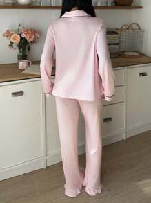 SweetSlumber Women's Casual Lapel Collar Single-Breasted Long Sleeve Top And Pants Pajama Set , Fall Winter Clothes Cozy And Elegant Details - Dusty Pink - View 2