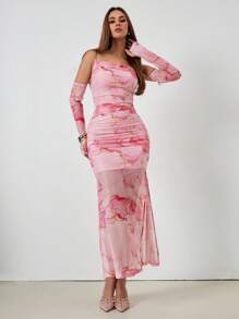 Chiquease 情人节女士粉色扎染印花网眼荷叶边透明迷你吊带连衣裙（配链条肩带） - 粉色 - 查看 5