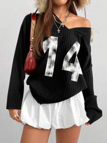 SHEIN EZwear Suéter de cuello en V negro con estampado de números Y2K para mujeres