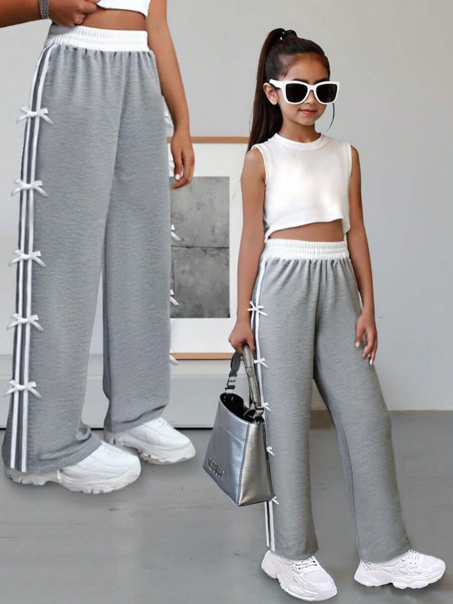 SHEIN Girls Young Girl Casual Comfortable Knitted Solid Color Splicing Herringbone Side Ribbon Bow Decor Pants - Light Grey - View 1