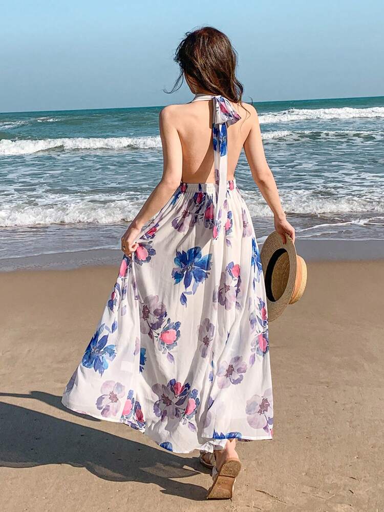 Women's Halter Neck All-Over Flower Print Casual Dress Floral Sundress Vacation Outfits Women Maxi Dress Cruise Outfit For Women Cocktail Dress