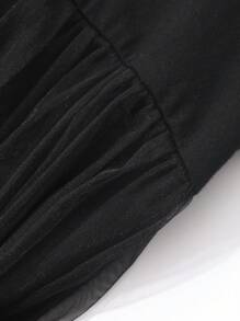 DAZY 女式撞色网眼圆领短袖中长连衣裙（夏季） - 黑色 - 查看 9