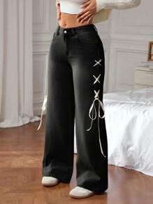 SHEIN EZwear Stylish Black Wide-Leg Jeans With Ribbon Lace-Up Detail - Black - View 5