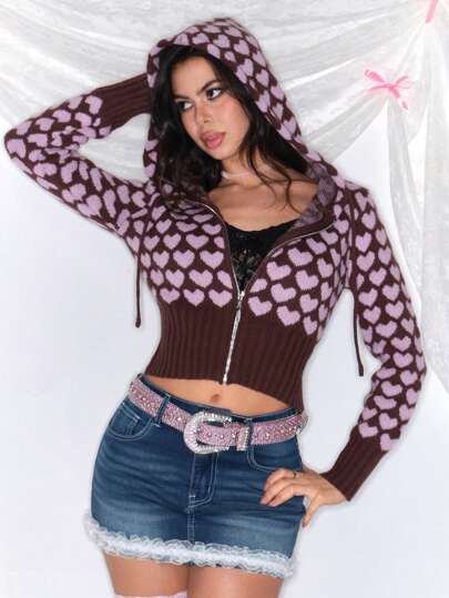 Kawaii Cárdigan de punto jacquard con corazón sexy estilo Y2K, suéter ajustado informal para mujeres, San Valentín