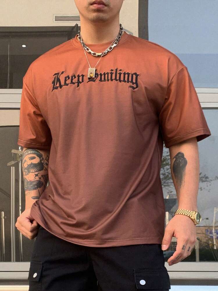 Brown Ombre Letter Printed Men's T-Shirt, Summer,Graphic Tees