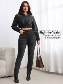 SHEIN LUNE Women's Casual Denim Jeans, Minimalist Style For Everyday Wear - Black - View 5