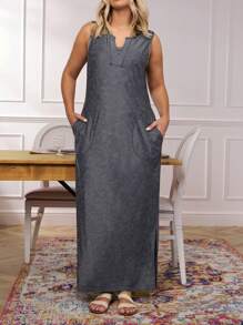SHEIN LUNE Plus Size Sleeveless Pocket Design Casual Long Dress Sundress Boho/Bohemian,Holiday Outfits,Resort Dress - Dark Grey - View 1