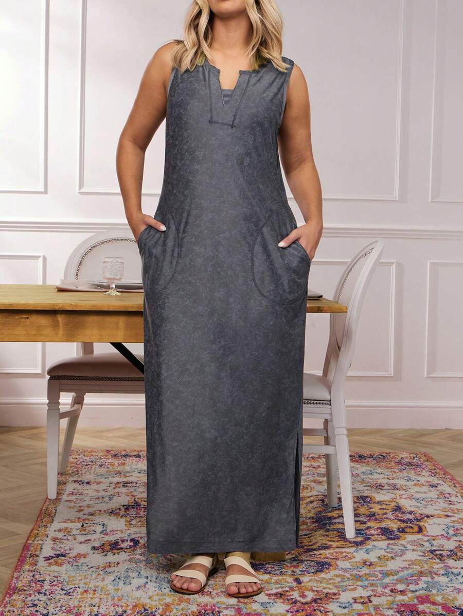 SHEIN LUNE Plus Size Sleeveless Pocket Design Casual Long Dress Sundress Boho/Bohemian,Holiday Outfits,Resort Dress - Dark Grey - View 1