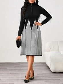 SHEIN Lady Black Geometric Print Zipper Embellished A-Hem Women's Sweater Dress - Multicolor - View 9