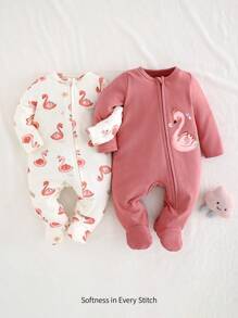 Cozy Pixies 新生女婴芭蕾舞女孩图案针织柔软圆领长袖连体衣带裤子 2 件套 - 粉色 - 查看 6