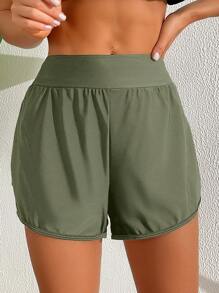 Swim Lushoire Shorts de playa de unicolor y diseño sencillo para uso diario en verano para mujer - Verde militar - Ver 4