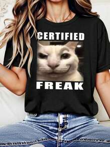 Glimmora Summer Women's Fitted T-Shirt With Smiling Cat & English Slogan Print, Casual Tee Graphic Tees Women Tops - Black - View 3