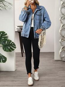 EMERY ROSE Women's Front Zip Up Long Sleeve Pocket Casual Denim Jacket - Blue - View 5