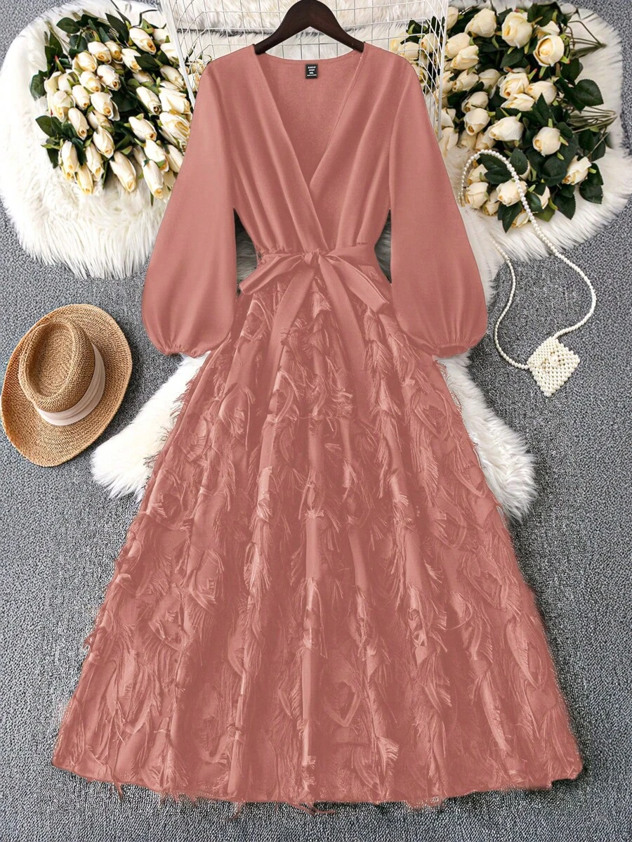 SHEIN Unity 女士加大码优雅纯色交叉领泡泡袖浪漫镂空面料系带长袖连衣裙，适合约会、派对、秋冬季长款女装 - 藕粉色 - 查看 1