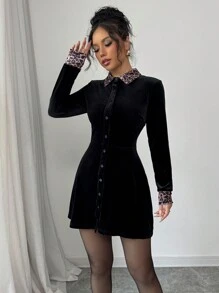 Selianne Váy suông rộng rãi tối giản lãng mạn màu đen nhung báo hoa mai dành cho nữ - màu đen - Xem 6