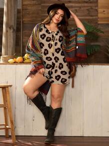 SHEIN LUNE 大码休闲简约豹纹连体裤，宽肩带宽松连体裤，适合度假和夏季