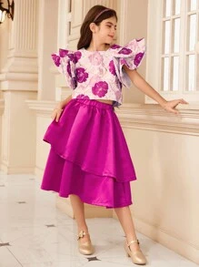 Conjuntos para niñas preadolescentes, Elegante parte superior con mangas con volantes de brocado metálico para niñas preadolescentes, irradia Charm y lujo como una pequeña princesa