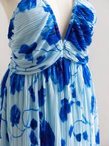 Dreamara 大码女式波西米亚风花卉扎染褶皱挂脖宽松露背中长连衣裙，秋季假期返校，夏季 - 藍色 - 查看 3