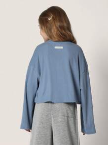 SUMWON Mädchen Teens Bequemes Crop Fit blaues Rippstoff Langarm Oversized Shirt