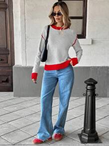 SHEIN Essnce Women Solid Color Patchwork Crew Neck Long Sleeve Casual Sweater - Multicolor - View 4