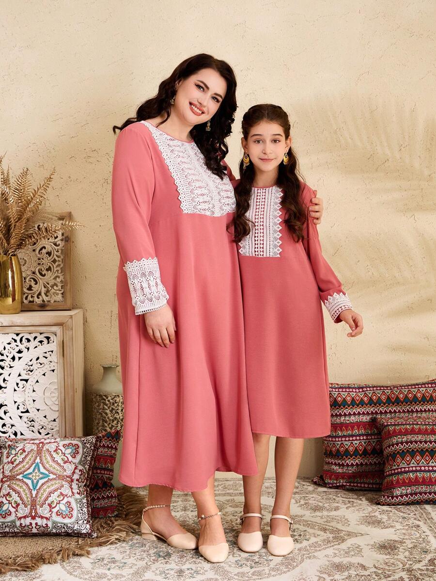 SHEIN Girls Watermelon Pink Ruffle Trim Round Neck Long Comfortable Casual Dress, Mommy And Me Matching Outfits (2 Pieces Sold Separately) - Watermelon Pink - View 1