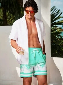 Surfspeed 男式抽绳腰部棕榈树印花口袋沙滩短裤 - 薄荷綠 - 查看 4